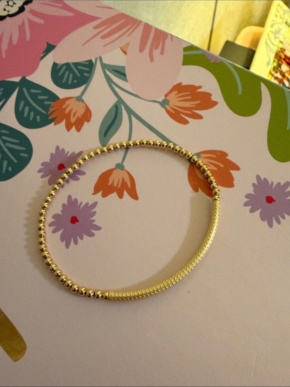 Gold Beaded Stretch Bracelet with Textured Accent - Women Jewelry